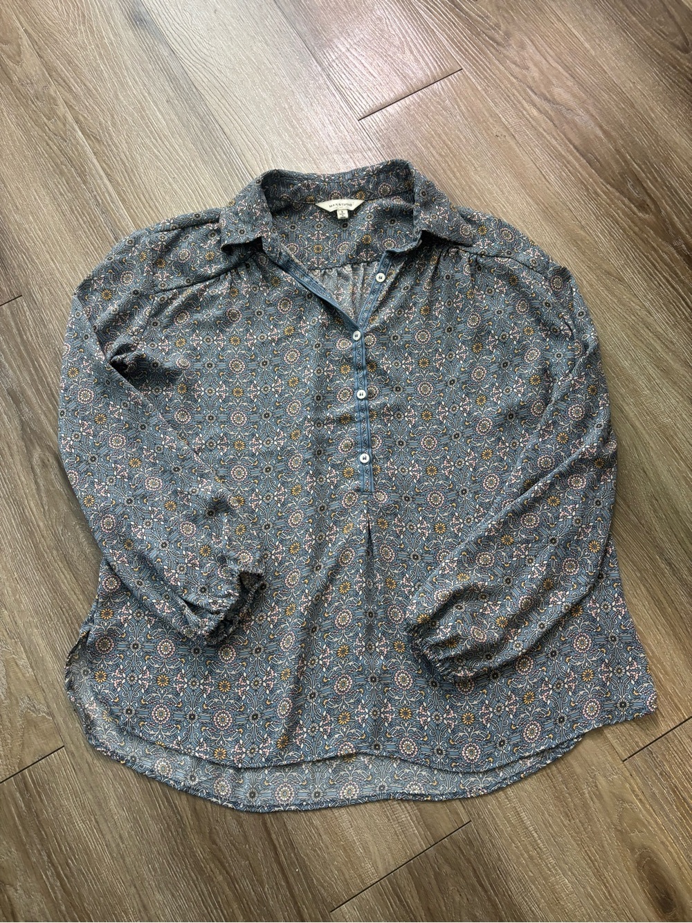 Max Studio Blue Printed Button-Front Long Sleeve Blouse